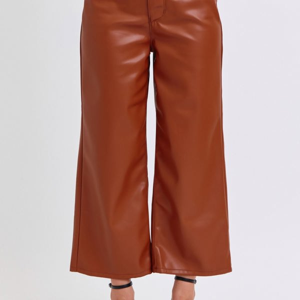 Judy Blue High Waist Tummy Control Camel Faux Leather Wide Leg Crop Denim 88900