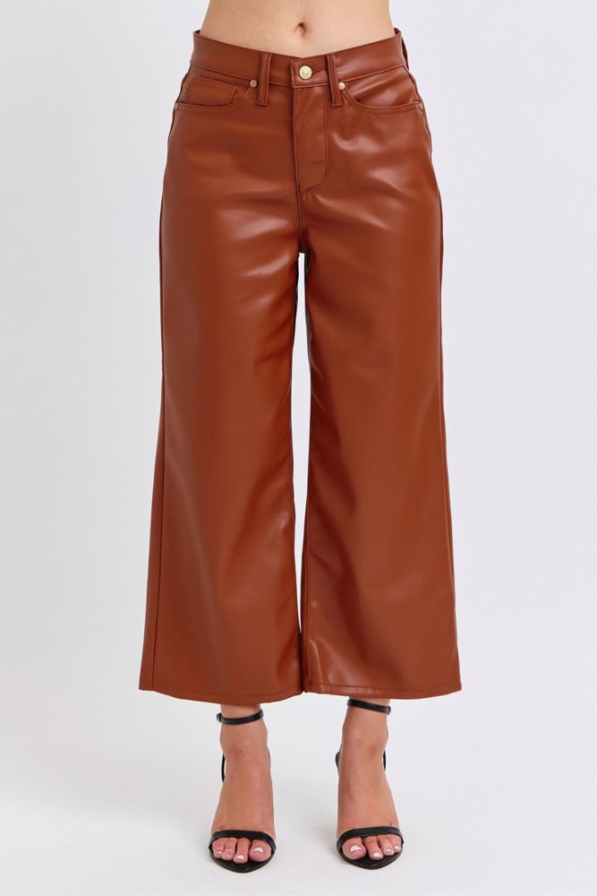 Judy Blue High Waist Tummy Control Camel Faux Leather Wide Leg Crop Denim 88900