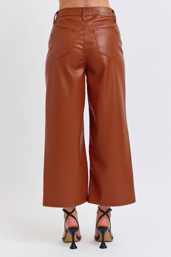 Judy Blue High Waist Tummy Control Camel Faux Leather Wide Leg Crop Denim 88900