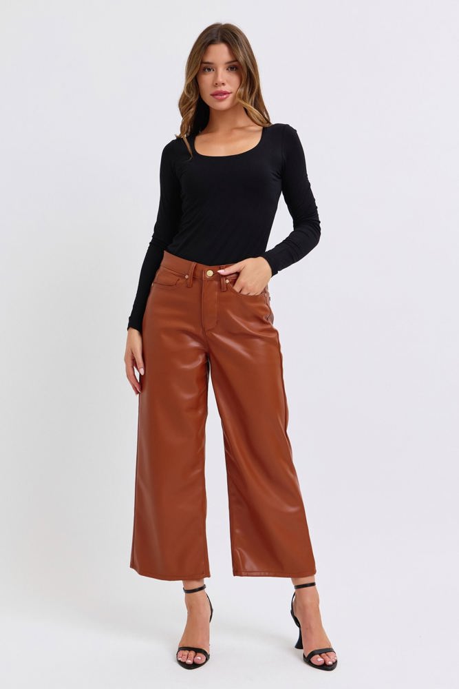 Judy Blue High Waist Tummy Control Camel Faux Leather Wide Leg Crop Denim 88900