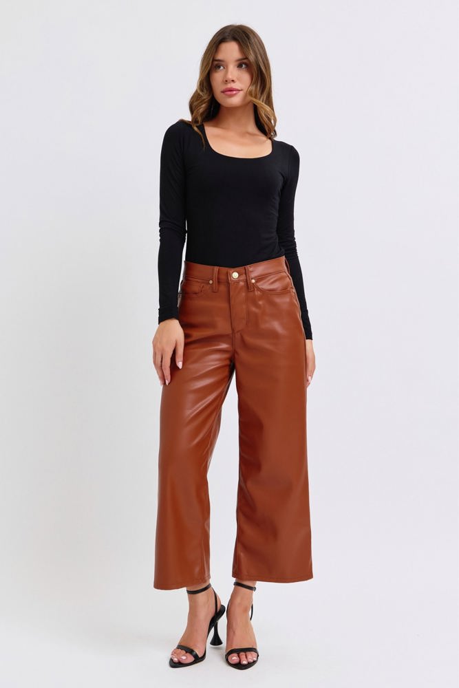 Judy Blue High Waist Tummy Control Camel Faux Leather Wide Leg Crop Denim 88900