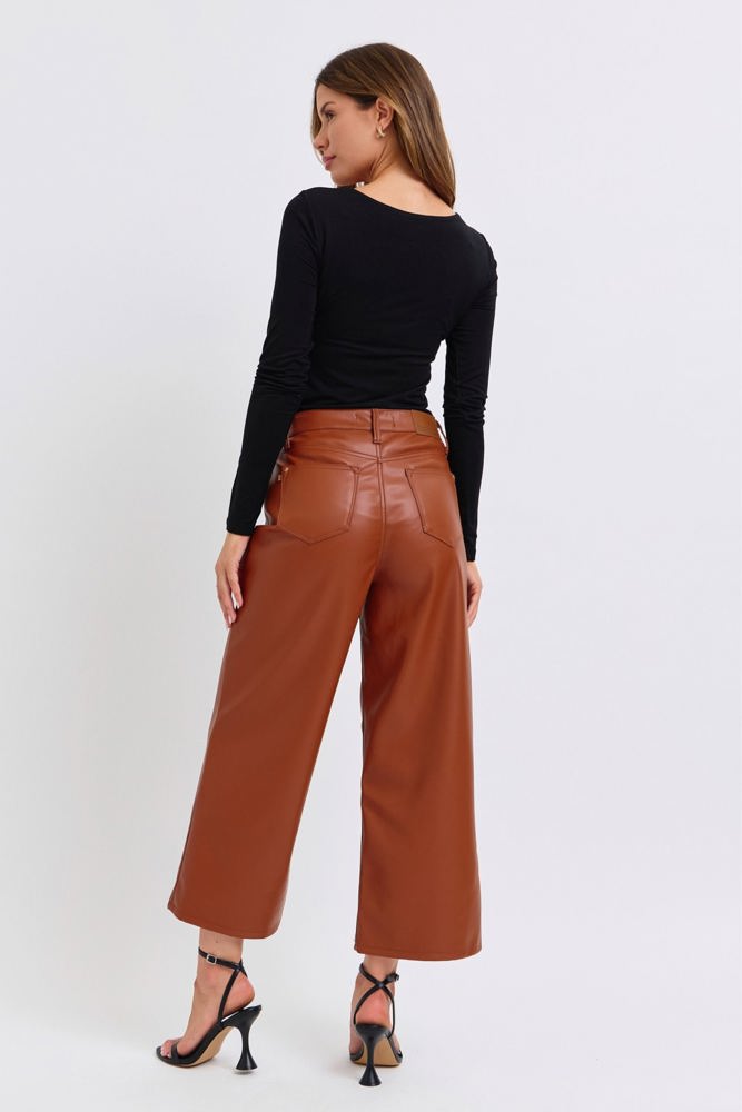 Judy Blue High Waist Tummy Control Camel Faux Leather Wide Leg Crop Denim 88900