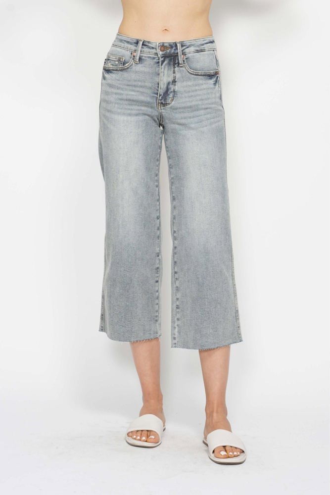 Judy Blue Mid Rise Tummy Control Raw Hem Wide Leg Crop Denim 88903