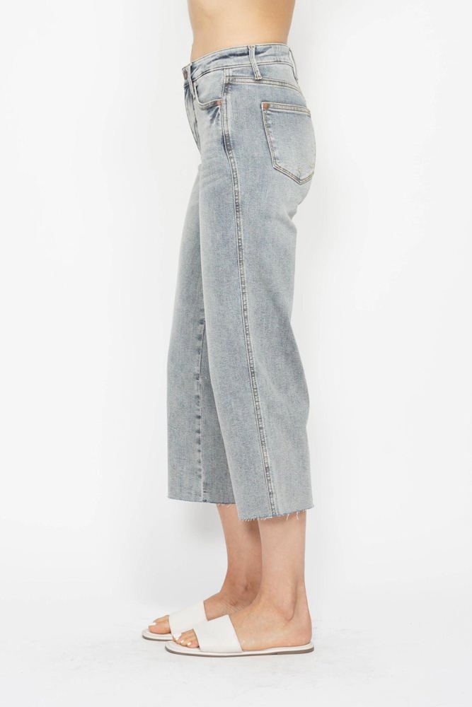 Judy Blue Mid Rise Tummy Control Raw Hem Wide Leg Crop Denim 88903