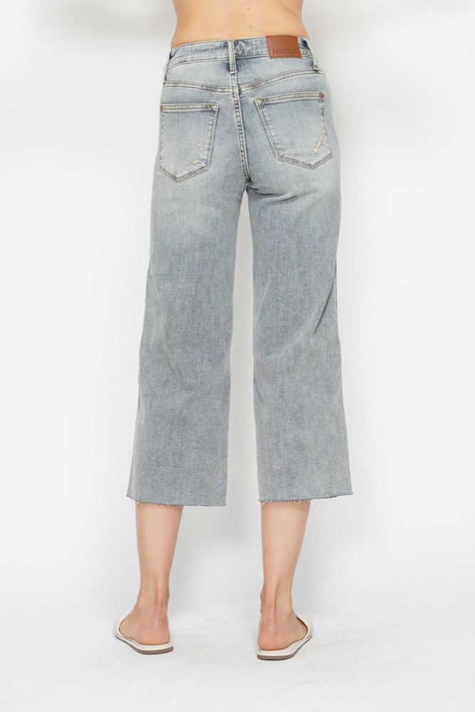 Judy Blue Mid Rise Tummy Control Raw Hem Wide Leg Crop Denim 88903