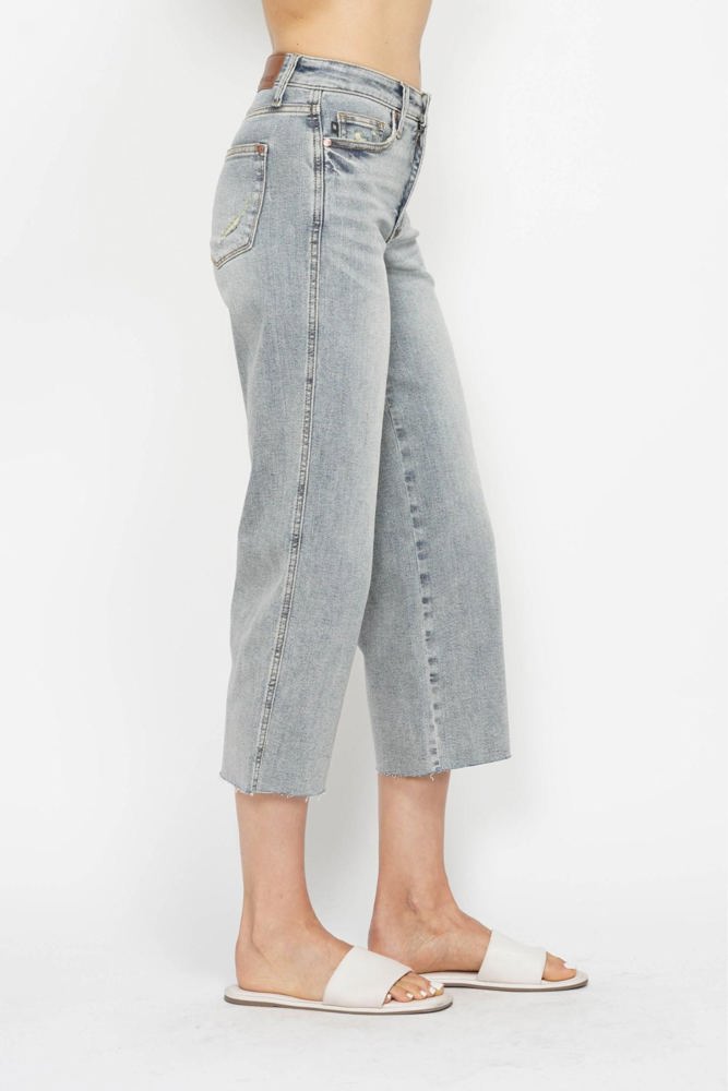 Judy Blue Mid Rise Tummy Control Raw Hem Wide Leg Crop Denim 88903