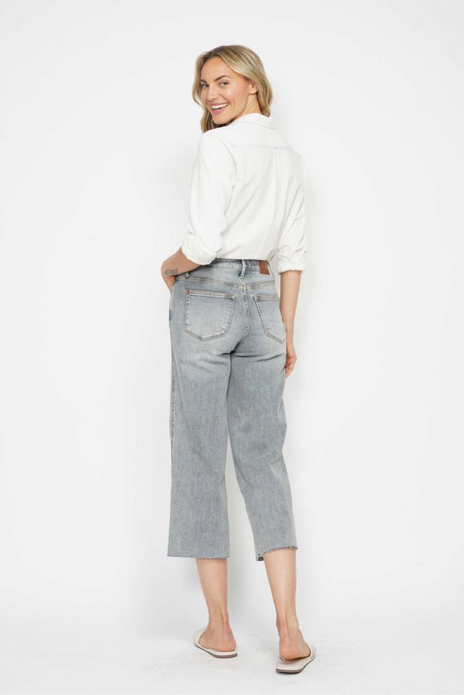 Judy Blue Mid Rise Tummy Control Raw Hem Wide Leg Crop Denim 88903