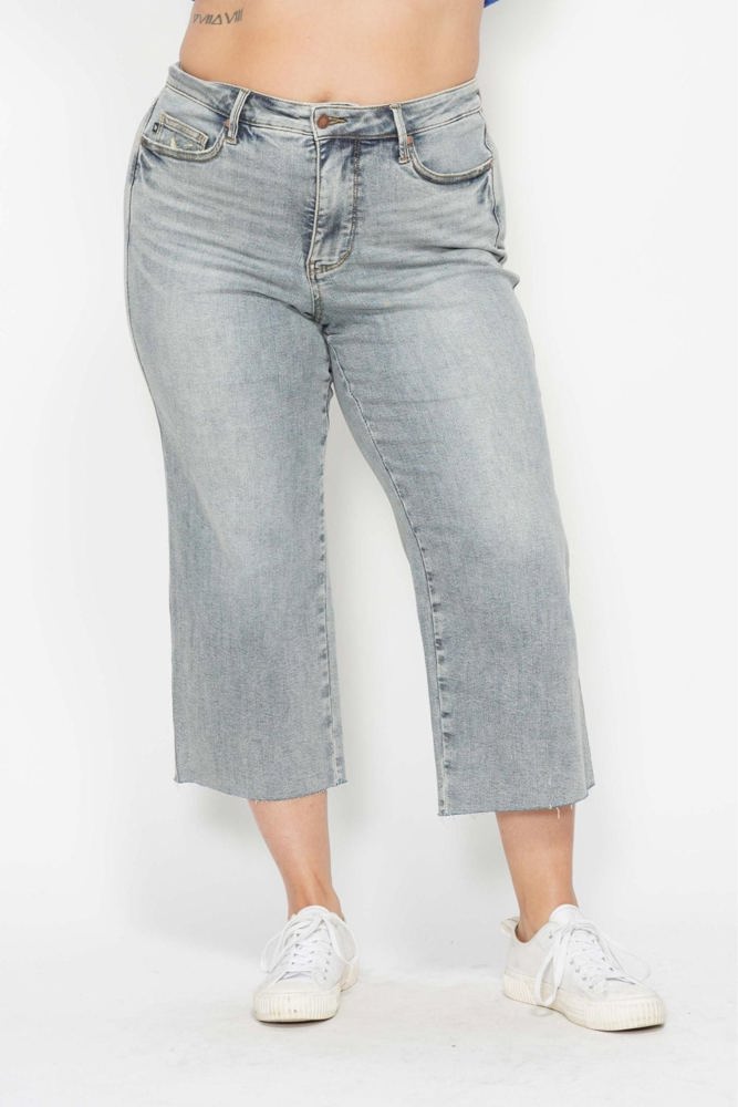 Judy Blue Mid Rise Tummy Control Raw Hem Wide Leg Crop Denim 88903