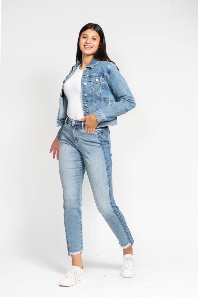 Judy Blue High Waist Vintage Wash Side Panel Detail & Hi Lo Fray Hem Slim Denim 88536