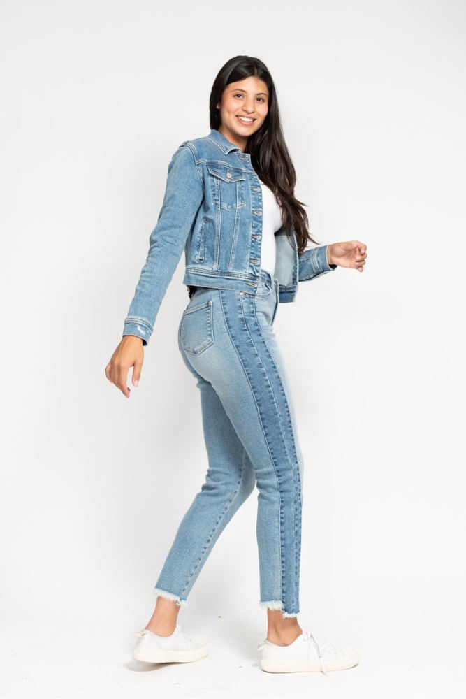 Judy Blue High Waist Vintage Wash Side Panel Detail & Hi Lo Fray Hem Slim Denim 88536