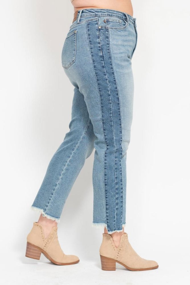 Judy Blue High Waist Vintage Wash Side Panel Detail & Hi Lo Fray Hem Slim Denim 88536