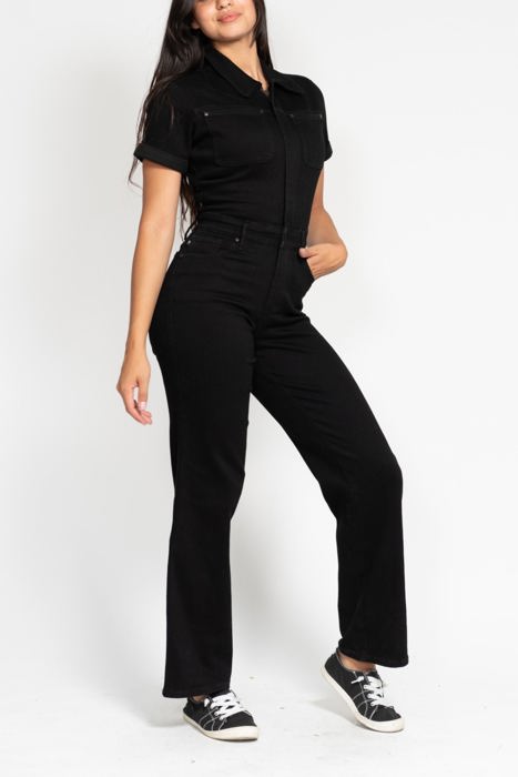 Judy Blue High Waist Garment Dyed Black Tummy Control Short Sleeve Straight Denim Jumpsuit 88853