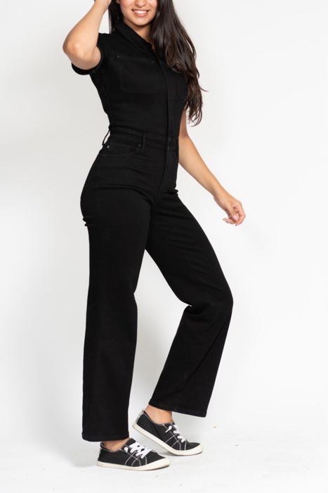 Judy Blue High Waist Garment Dyed Black Tummy Control Short Sleeve Straight Denim Jumpsuit 88853