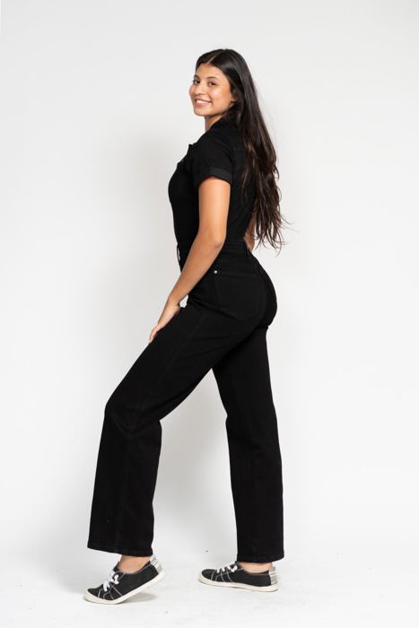 Judy Blue High Waist Garment Dyed Black Tummy Control Short Sleeve Straight Denim Jumpsuit 88853