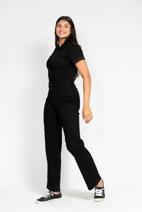 Judy Blue High Waist Garment Dyed Black Tummy Control Short Sleeve Straight Denim Jumpsuit 88853