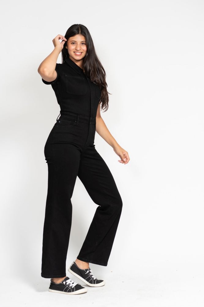 Judy Blue High Waist Garment Dyed Black Tummy Control Short Sleeve Straight Denim Jumpsuit 88853