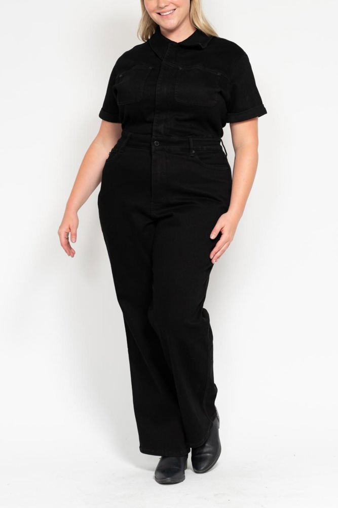 Judy Blue High Waist Garment Dyed Black Tummy Control Short Sleeve Straight Denim Jumpsuit 88853