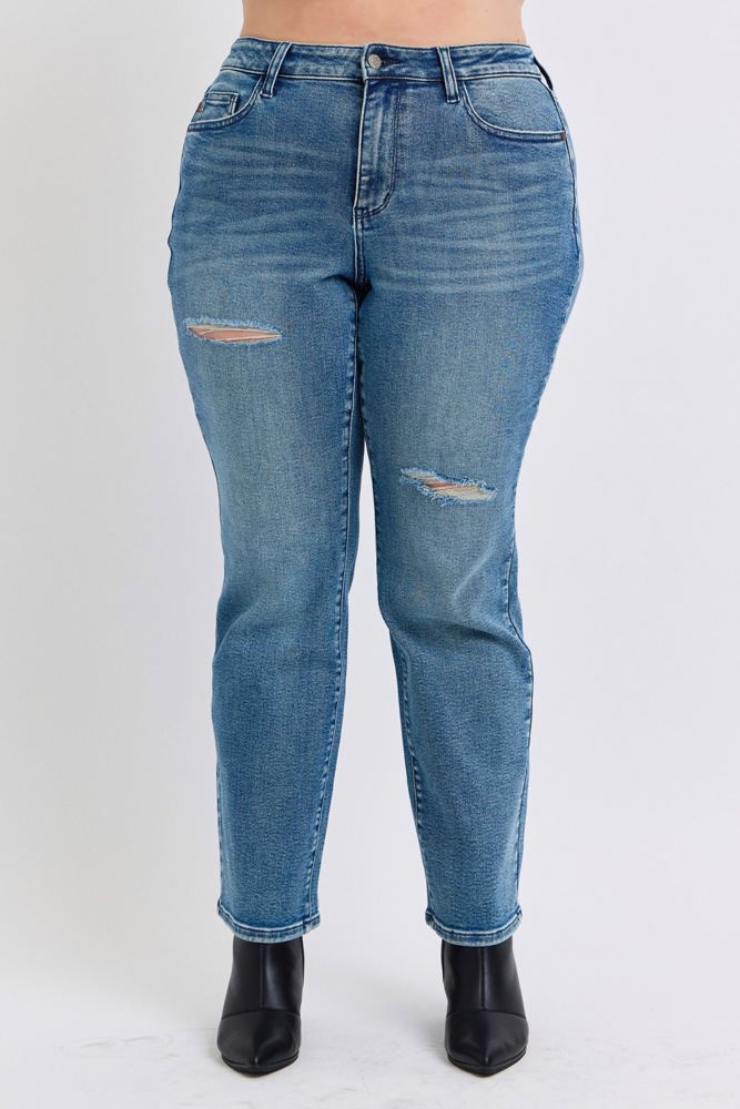 Judy Blue Mid Rise Contrast Wash Destroyed Dad Denim 88859