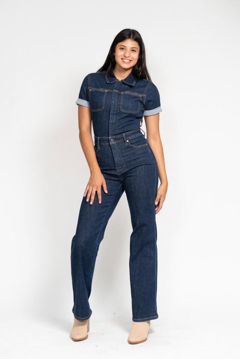 Judy Blue High Waist Tummy Control Short Sleeve Straight Denim Jumpsuit 88835