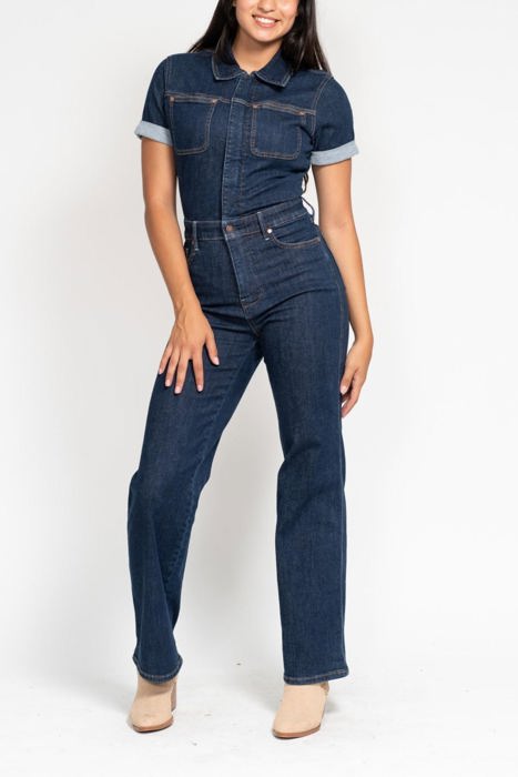 Judy Blue High Waist Tummy Control Short Sleeve Straight Denim Jumpsuit 88835