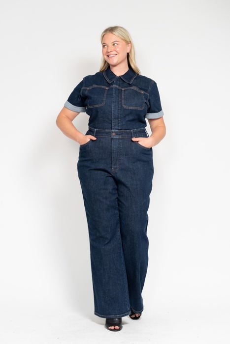 Judy Blue High Waist Tummy Control Short Sleeve Straight Denim Jumpsuit 88835