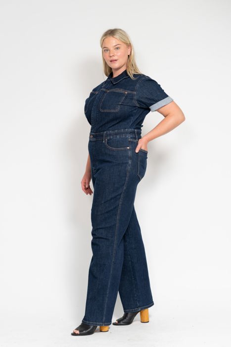 Judy Blue High Waist Tummy Control Short Sleeve Straight Denim Jumpsuit 88835