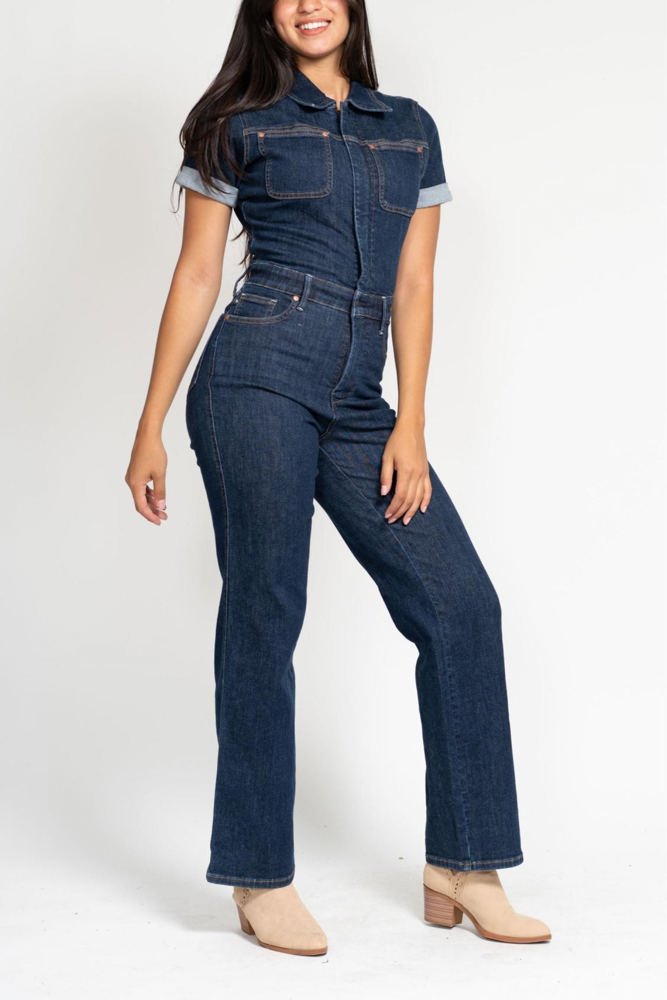 Judy Blue High Waist Tummy Control Short Sleeve Straight Denim Jumpsuit 88835