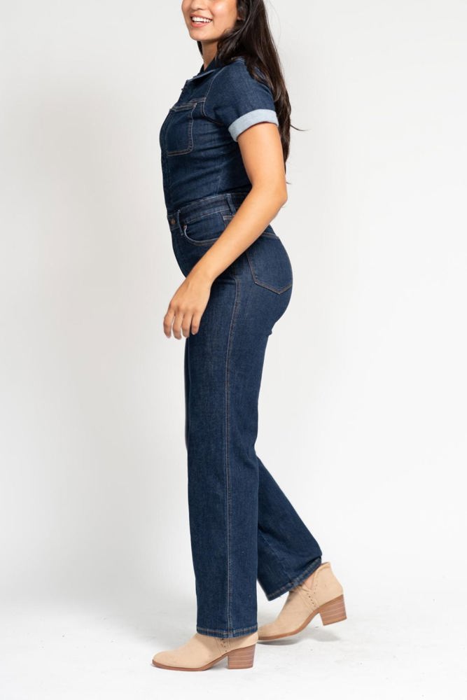 Judy Blue High Waist Tummy Control Short Sleeve Straight Denim Jumpsuit 88835