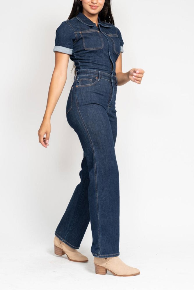 Judy Blue High Waist Tummy Control Short Sleeve Straight Denim Jumpsuit 88835