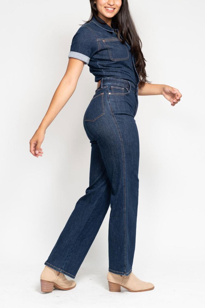 Judy Blue High Waist Tummy Control Short Sleeve Straight Denim Jumpsuit 88835