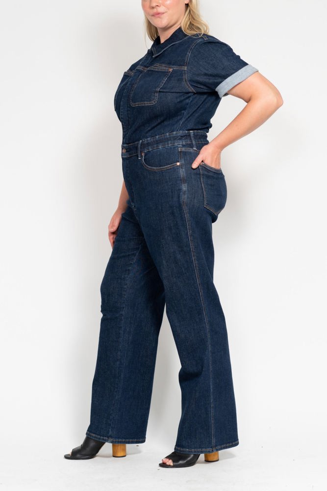 Judy Blue High Waist Tummy Control Short Sleeve Straight Denim Jumpsuit 88835