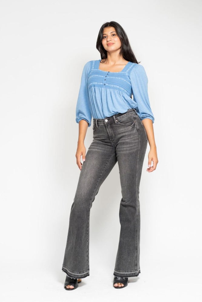 Judy Blue Mid Rise Tummy Control Washed Gray Release Hem Flare Denim 88880 - Plus