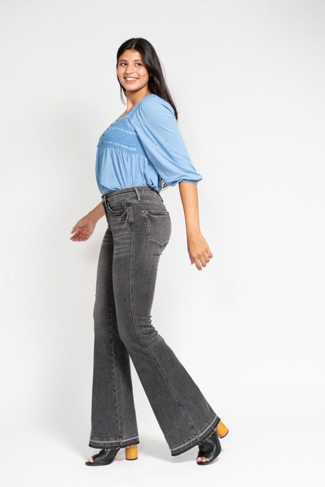 Judy Blue Mid Rise Tummy Control Washed Gray Release Hem Flare Denim 88880