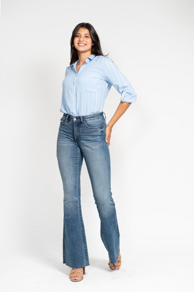 Judy Blue Mid Rise Tummy Control Vintage Wash Cut Hem Flare Denim 88472