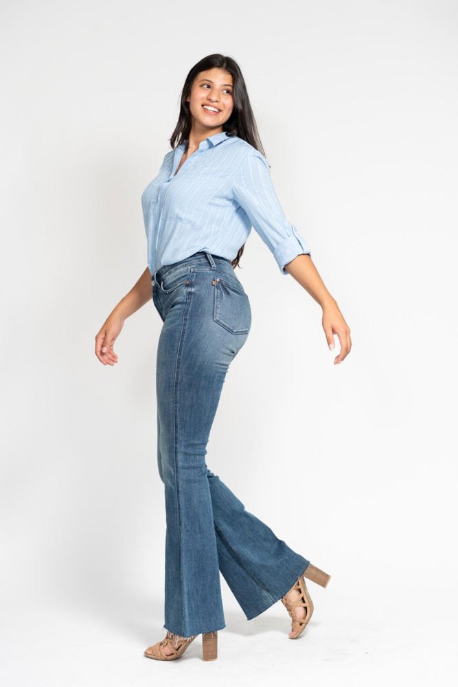 Judy Blue Mid Rise Tummy Control Vintage Wash Cut Hem Flare Denim 88472