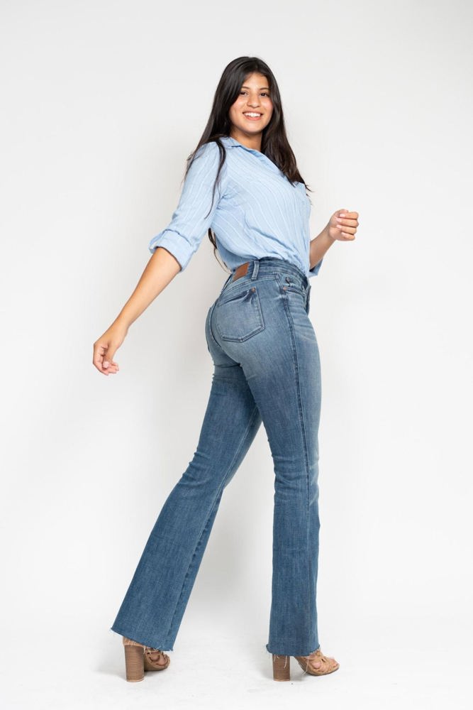 Judy Blue Mid Rise Tummy Control Vintage Wash Cut Hem Flare Denim 88472