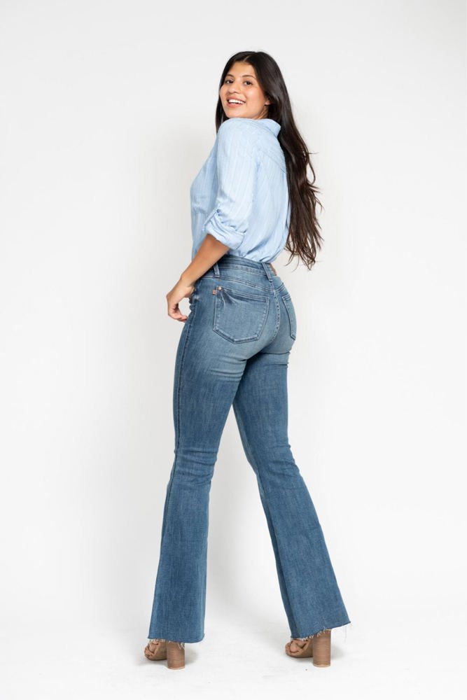 Judy Blue Mid Rise Tummy Control Vintage Wash Cut Hem Flare Denim 88472