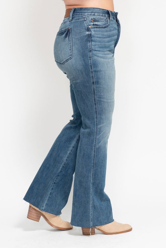 Judy Blue Mid Rise Tummy Control Vintage Wash Cut Hem Flare Denim 88472