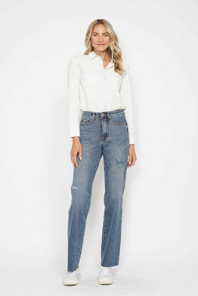 Judy Blue High Waist "Tummy Control" Raw Hem Straight Denim 88848