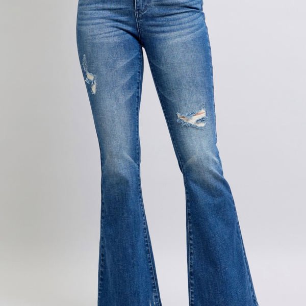 Judy Blue High Waist Contrast Wash Destroy Flare Denim 88383