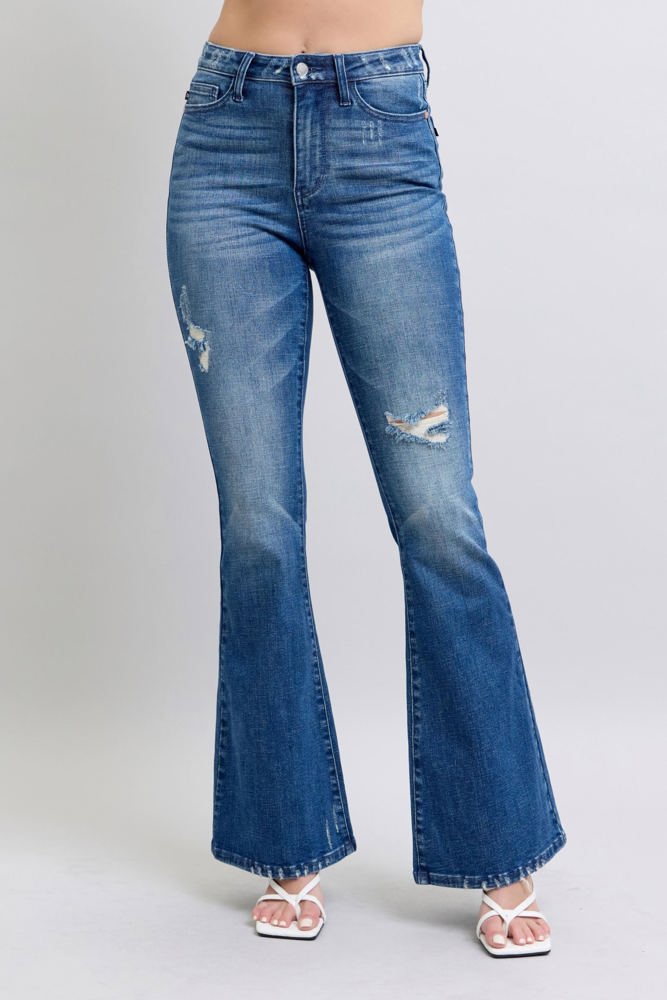 Judy Blue High Waist Contrast Wash Destroy Flare Denim 88383