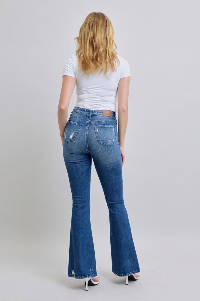 Judy Blue High Waist Contrast Wash Destroy Flare Denim 88383