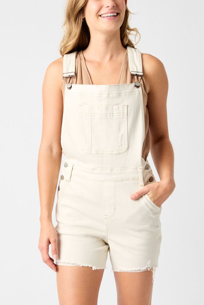 Judy Blue High Rise Garment Dyed Cutoff Shortalls in Ecru 150240