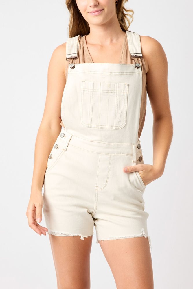 Judy Blue High Rise Garment Dyed Cutoff Shortalls in Ecru 150240