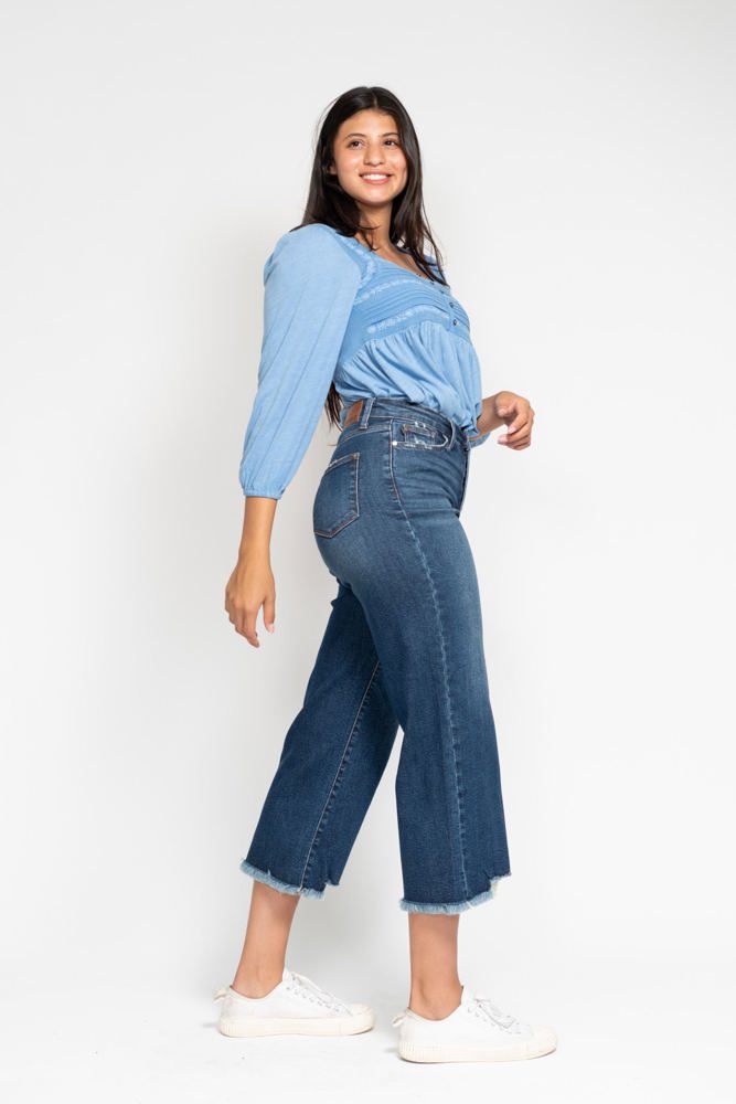 Judy Blue High Waist Button Fly Destroy Wide Leg Crop Denim 88887