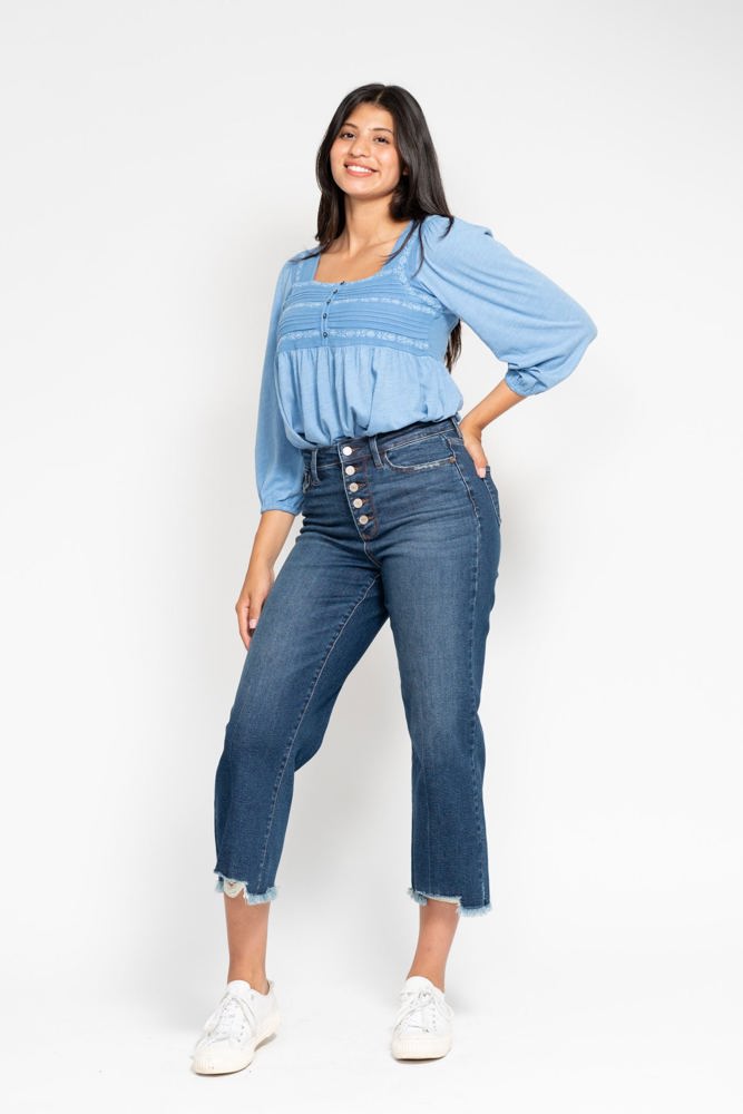 Judy Blue High Waist Button Fly Destroy Wide Leg Crop Denim 88887