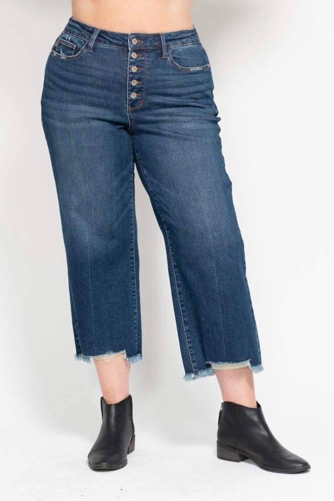 Judy Blue High Waist Button Fly Destroy Wide Leg Crop Denim 88887