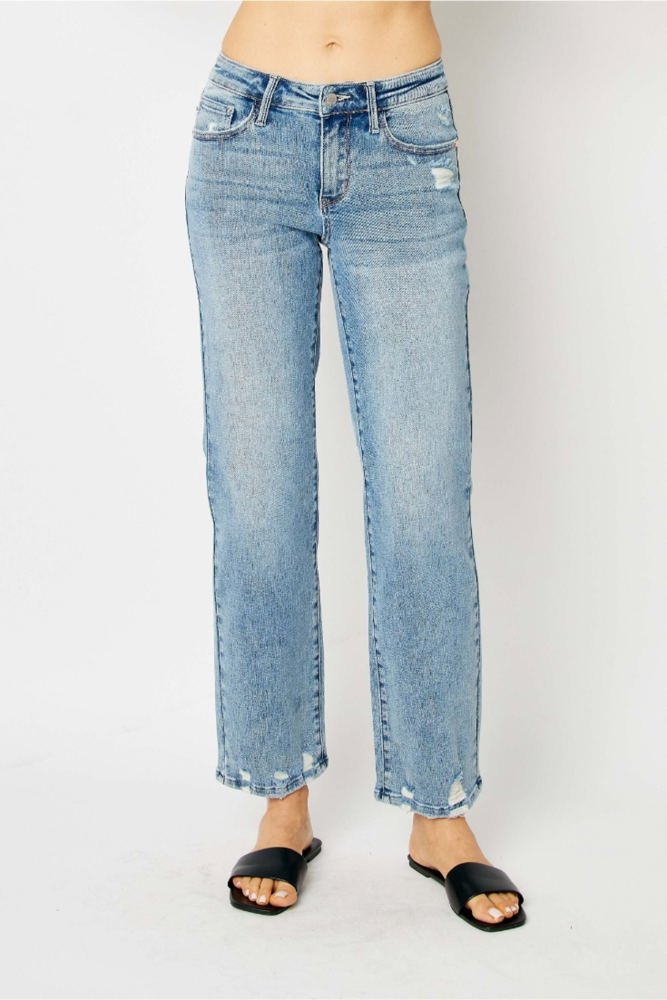 Judy Blue Mid Rise Medium Wash Destroy Straight Denim 88656