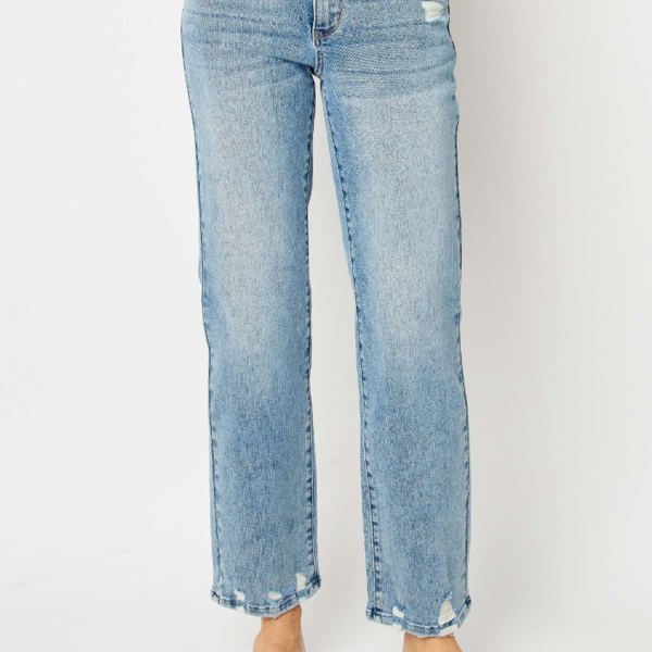 Judy Blue Mid Rise Medium Wash Destroy Straight Denim 88656 - Plus