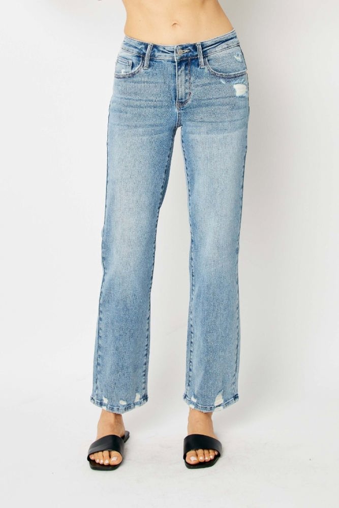 Judy Blue Mid Rise Medium Wash Destroy Straight Denim 88656